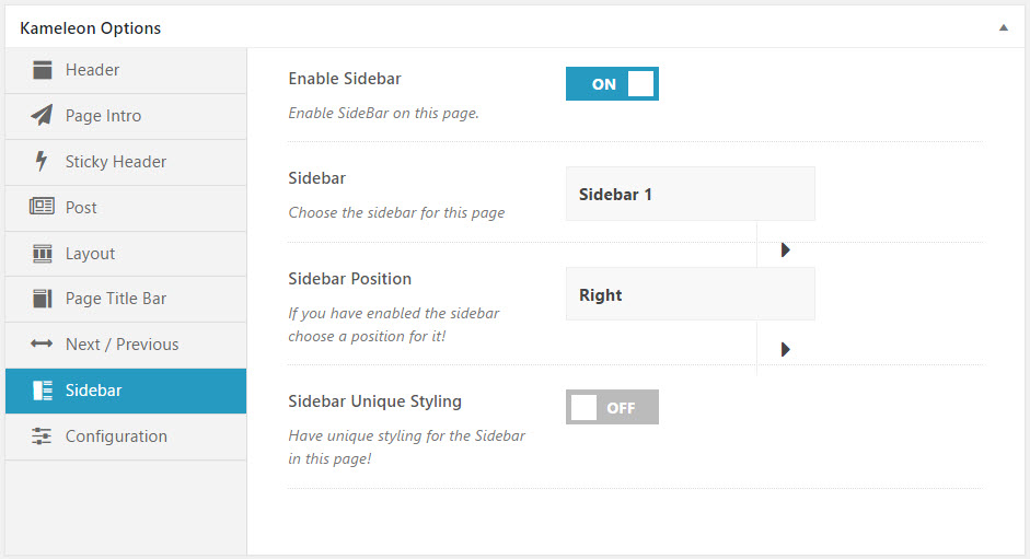 Paramètres de la barre latérale du panneau d'options Kameleon