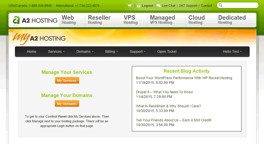 Área da conta de hospedagem A2