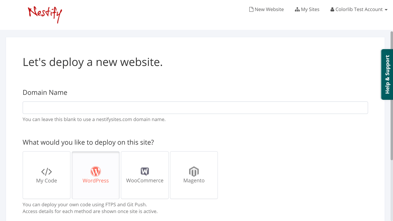 Nestify Démarrer un nouveau site Web