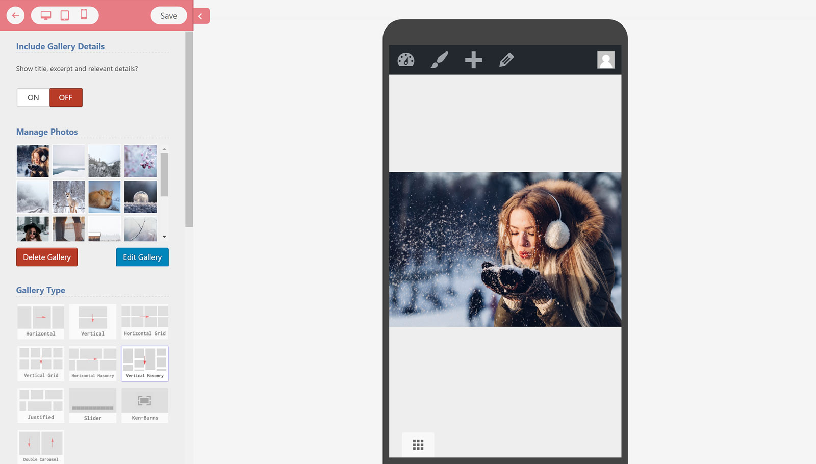 Aperçu mobile du Générateur de galeries
