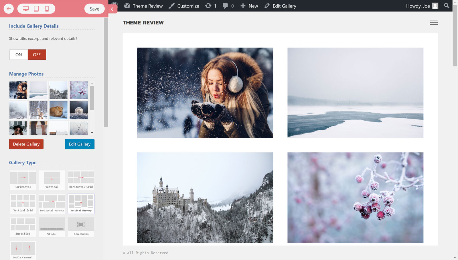 Interface utilisateur du générateur de galerie
