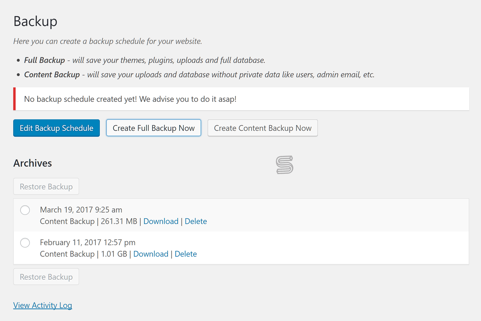 Das Kern-Unyson-Backup