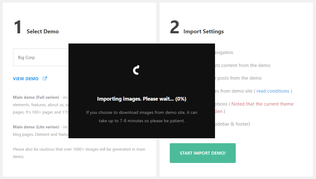 Прогресс импорта демоверсии Infinite Theme Review
