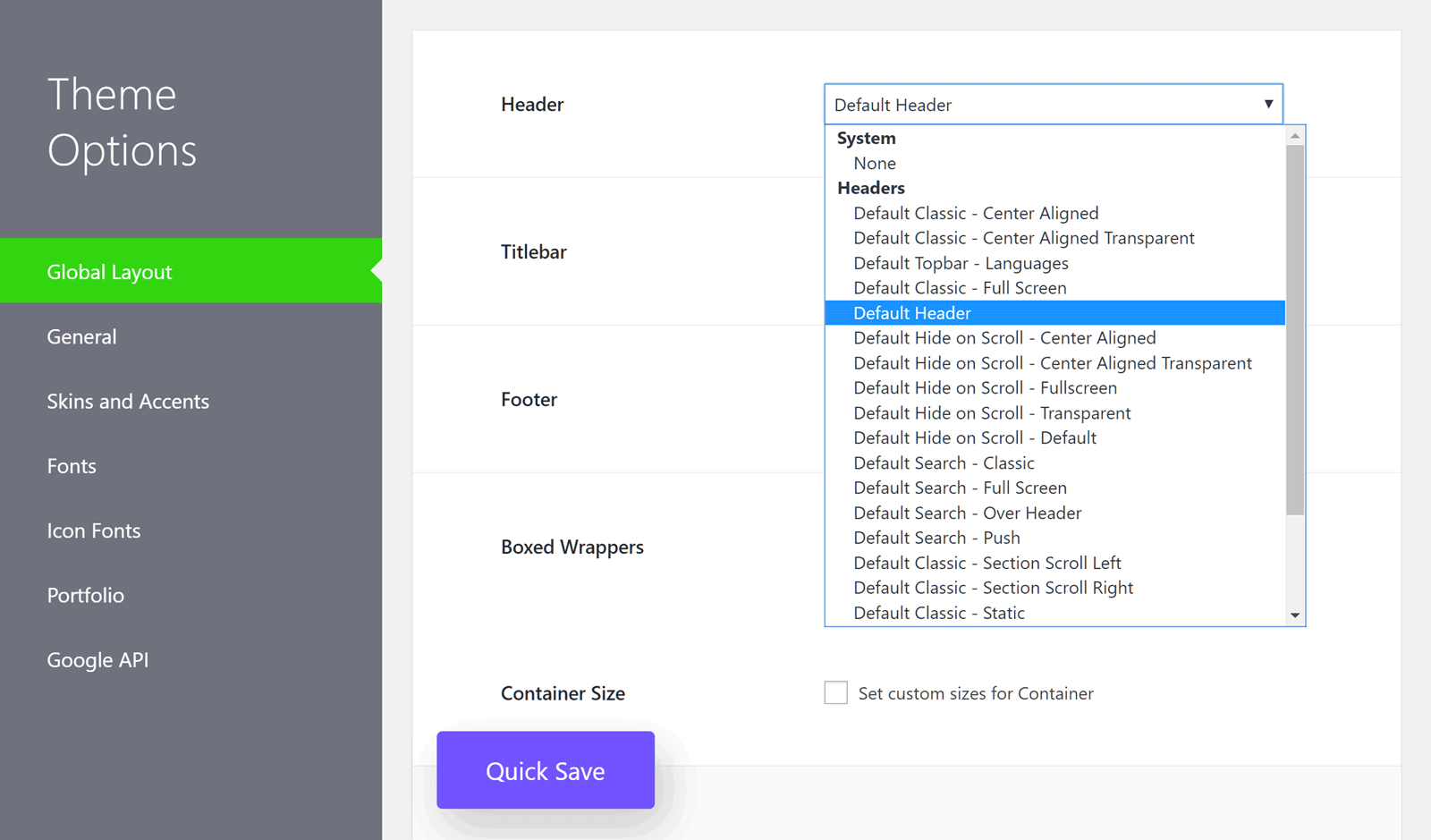 Menü mit Kopfzeilenoptionen