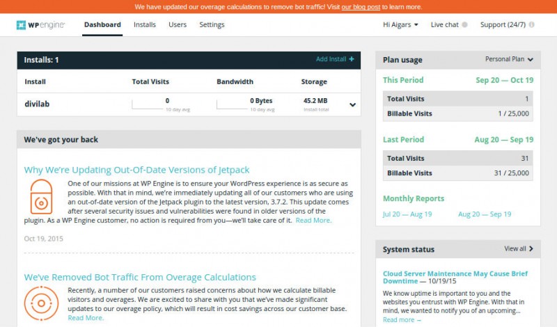 WP Engine Review-Dashboard