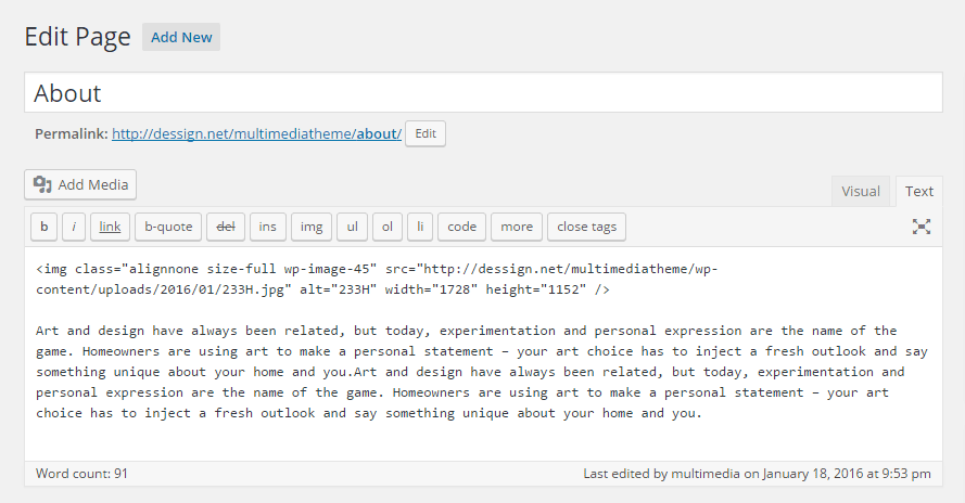 Page de modification de la conception