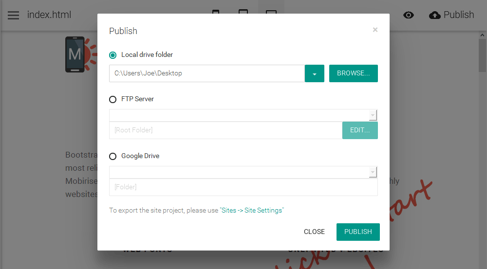 Mobirise Review 發布選項