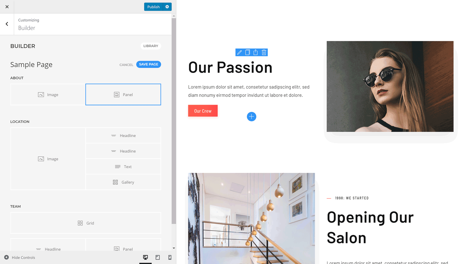 Interface do usuário do Page Builder