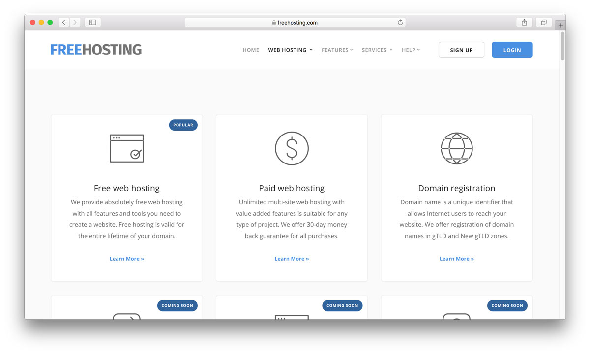 Página de inicio de FreeHosting