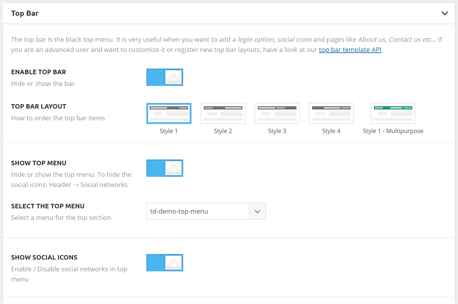 Opcje panelu górnego