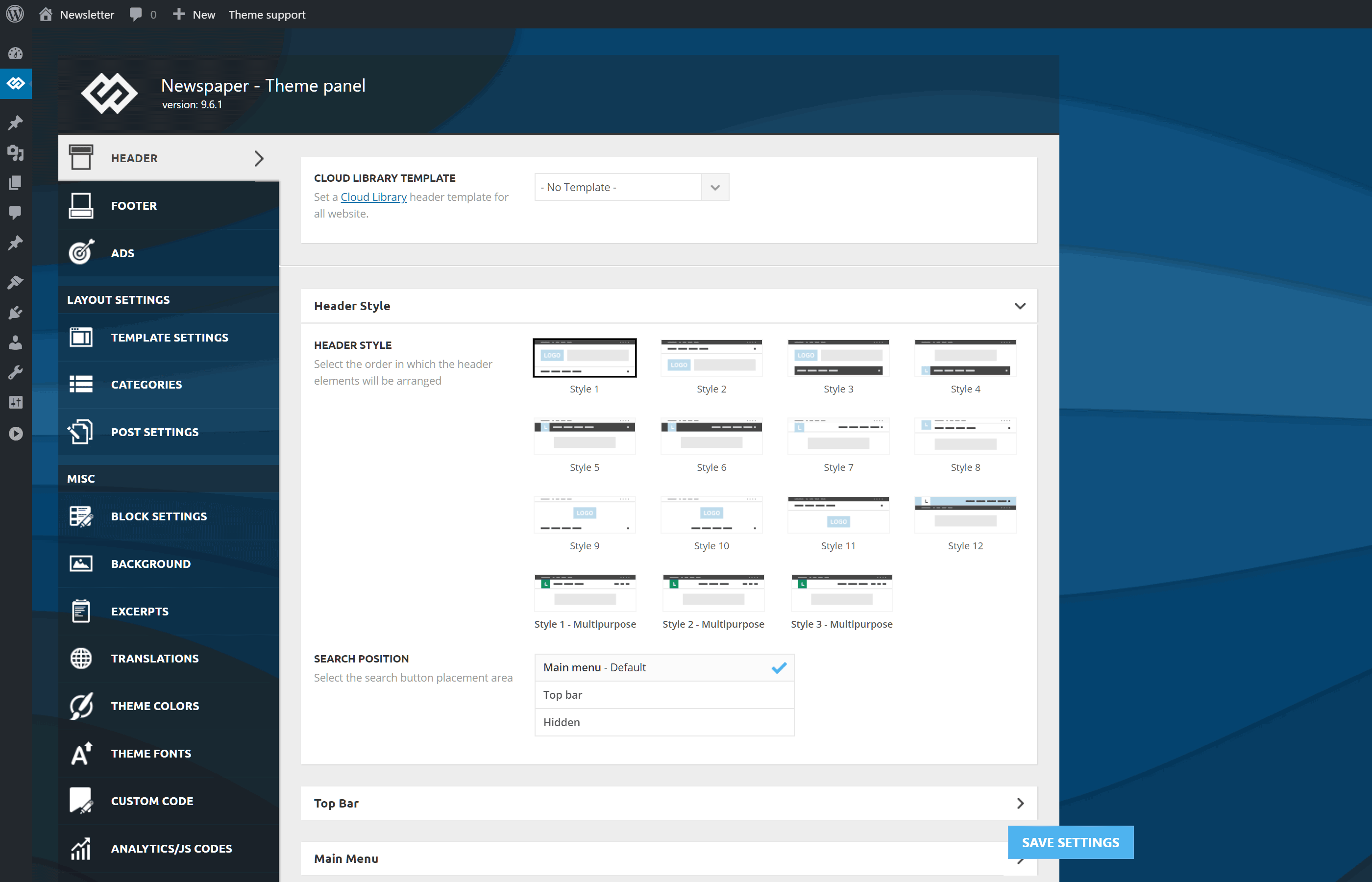 Panel przeglądu tematu gazety