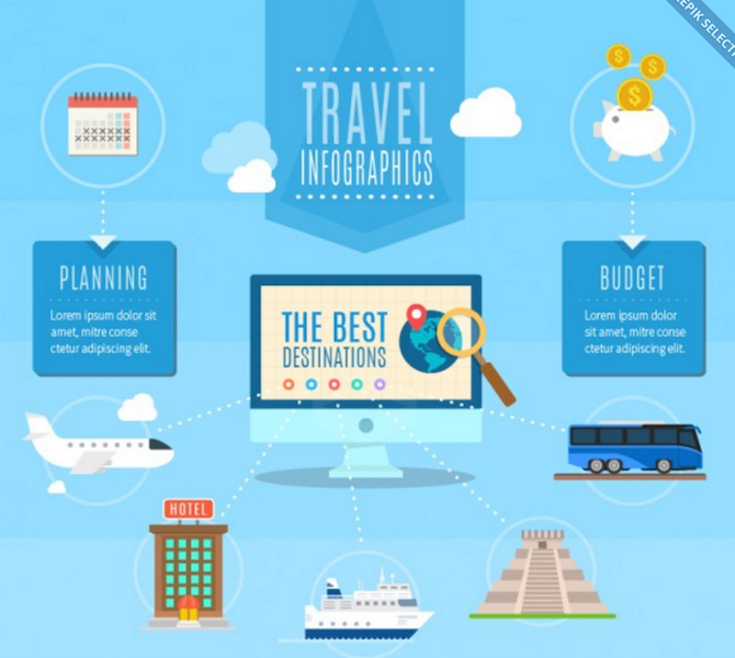 블루 색상에 손으로 그린 여행 인포 그래픽