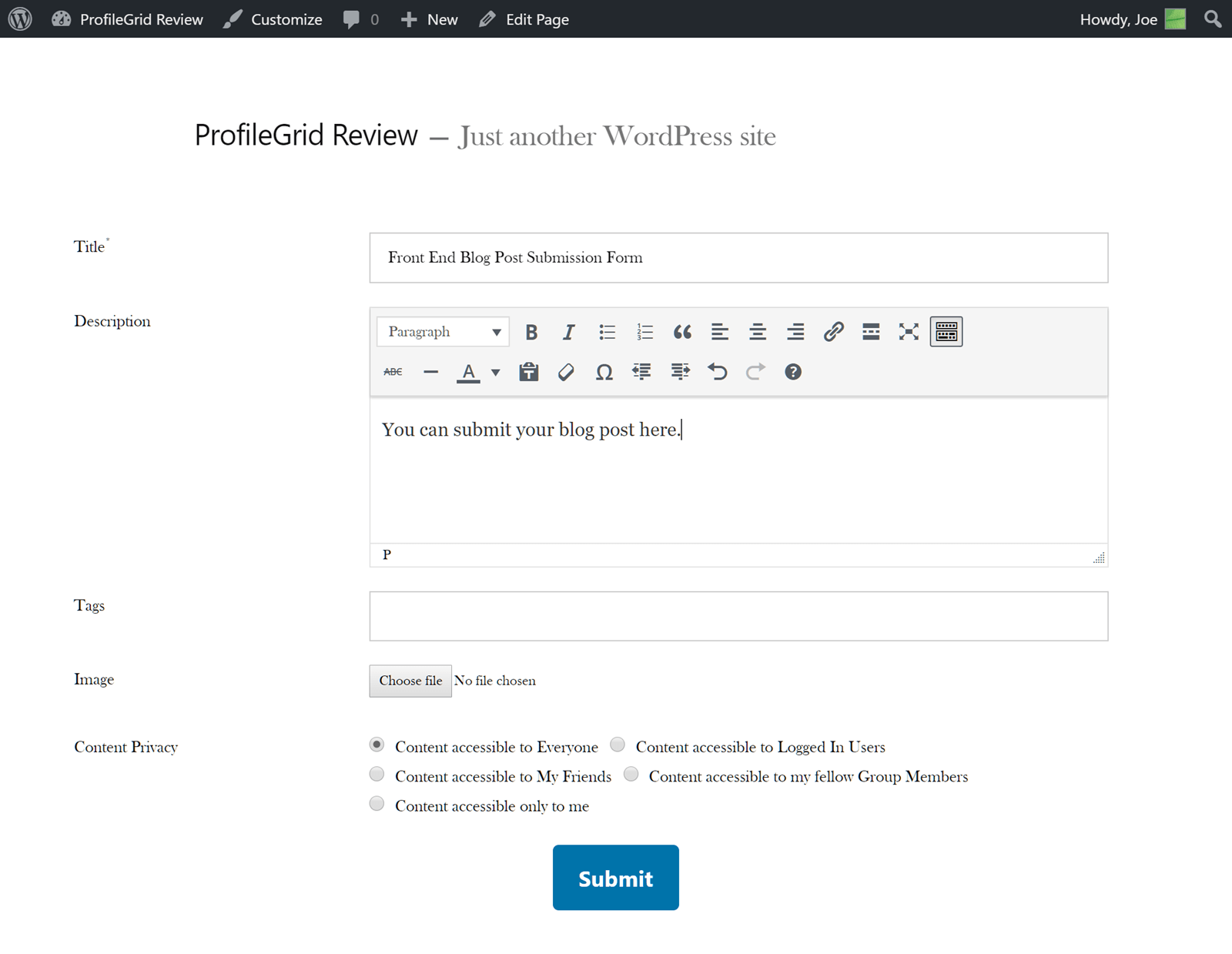 Formulario de publicación de frontend
