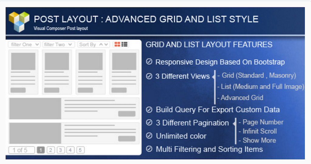 Lista avançada de grade de postagem com filtragem personalizada para WPBakery Page Builder WordPress
