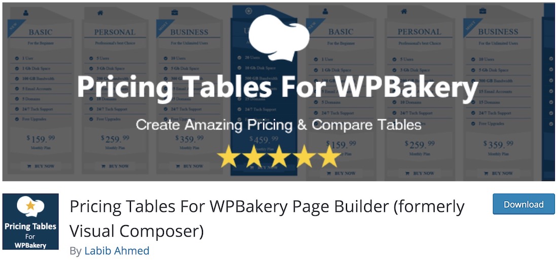 tabelas de preços extensão wpbakery