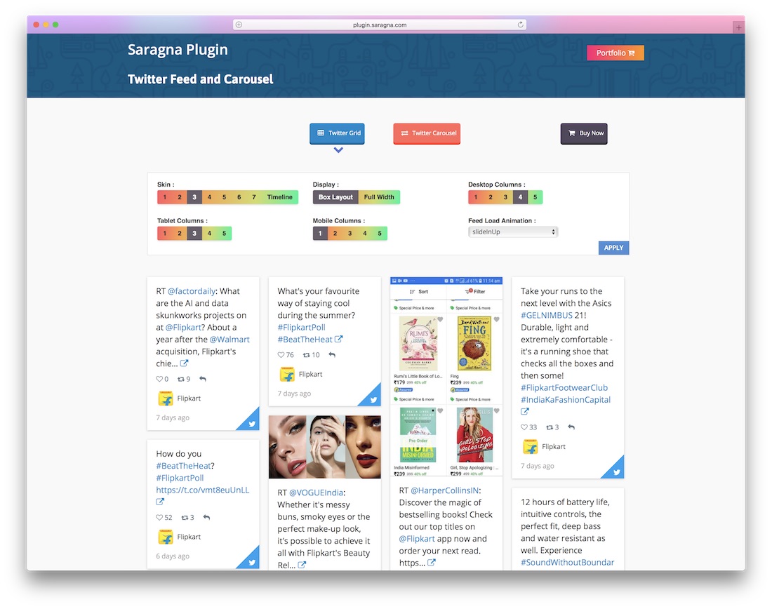 griglia di feed di twitter con plug-in di condivisione social di wordpress a carosello