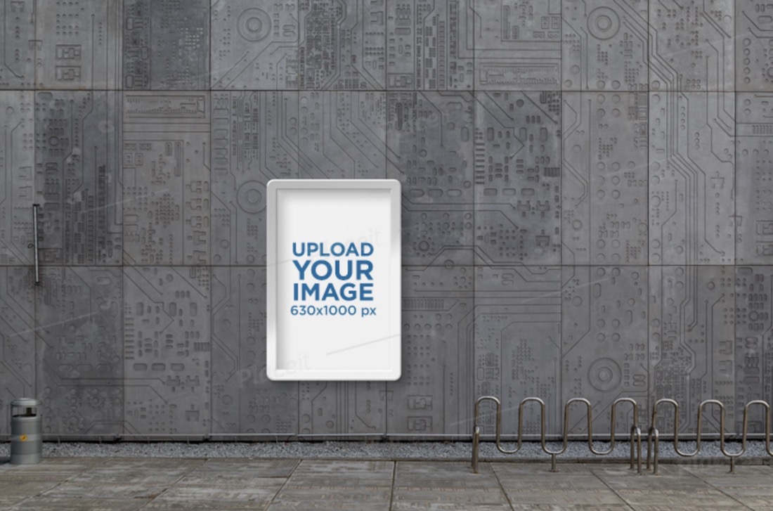 mockup di cornice per poster con un edificio dall'aspetto futuristico