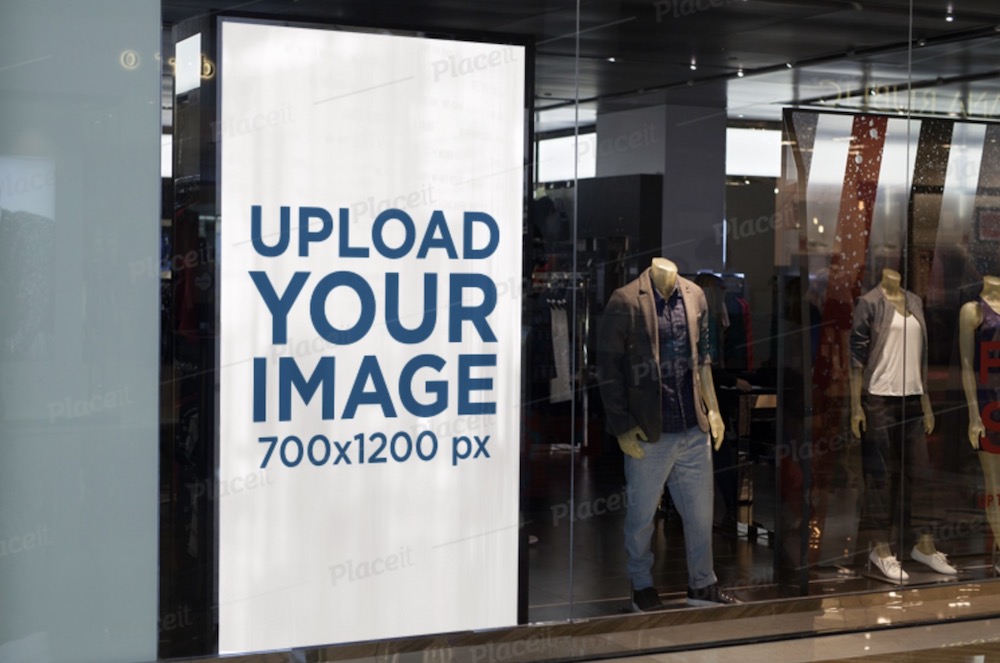 mockup di un banner verticale posizionato su una vetrina