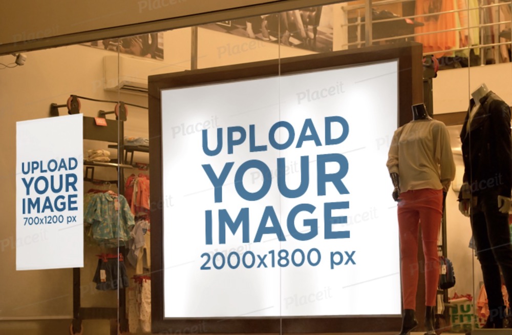 mockup di un poster e un cartellone pubblicitario all'interno di una vetrina di abbigliamento