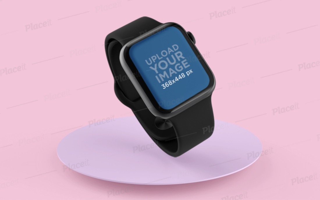 mockup di un orologio Apple che galleggia su una superficie rotonda con colori personalizzati