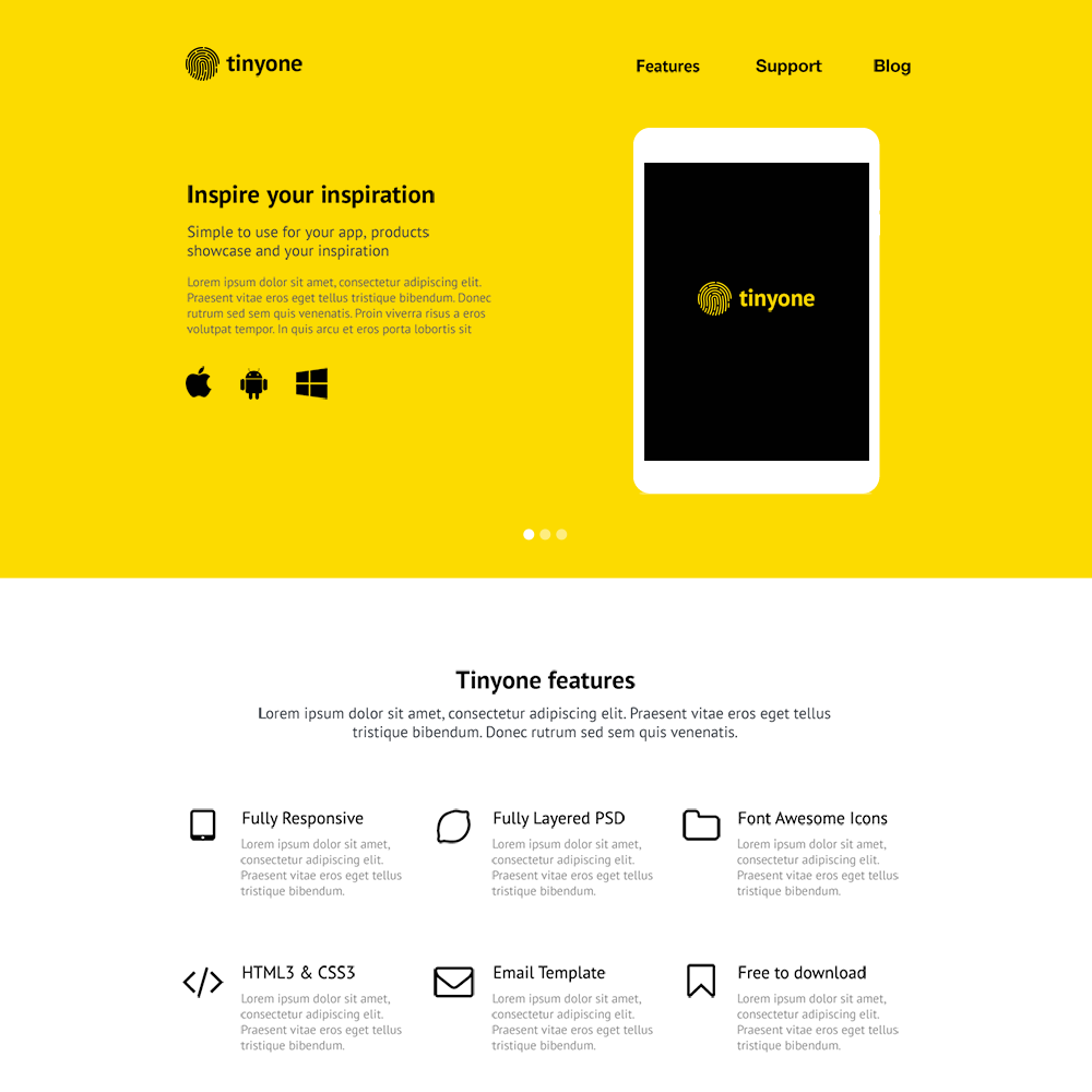 Tinyone เทมเพลตเว็บไซต์ PSD ฟรีของแอป