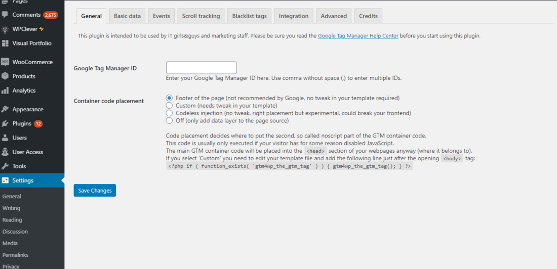Диспетчер тегов Google для настроек WordPress