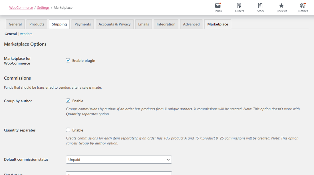 Страница настроек Marketplace для WooCommerce