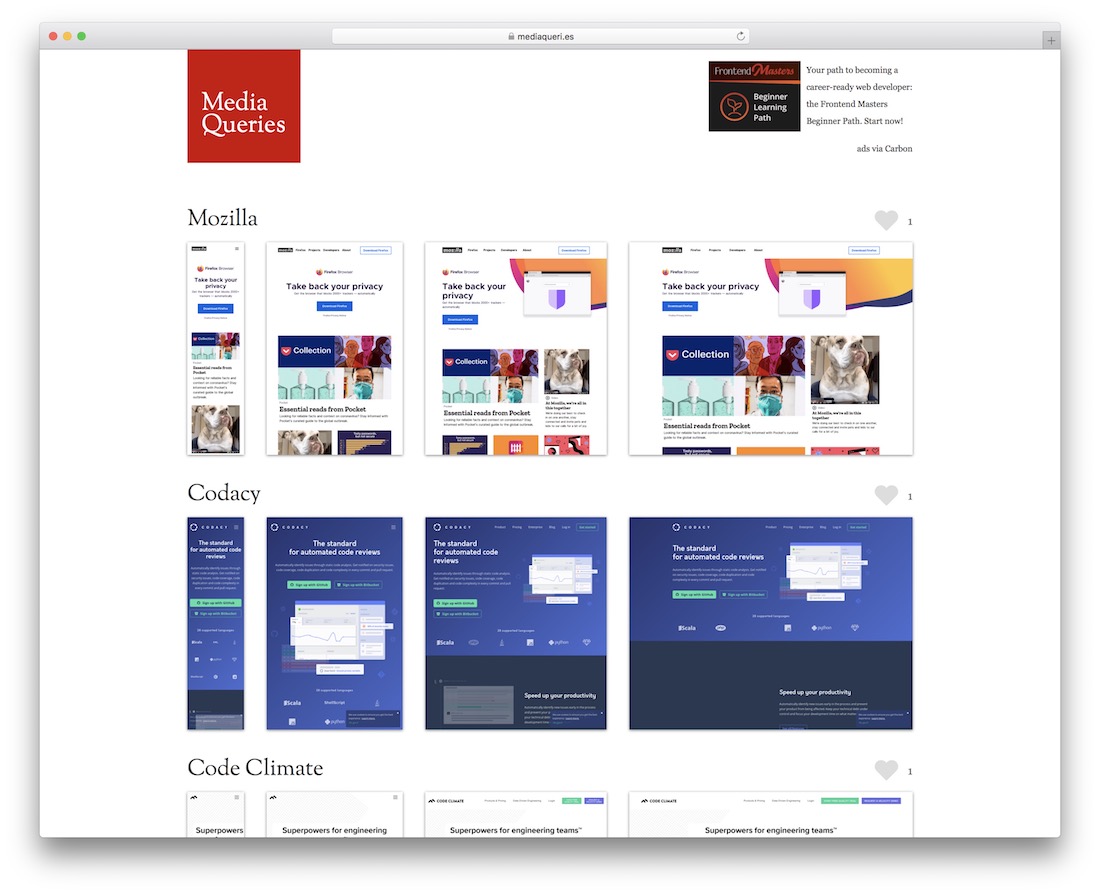 les requêtes des médias présentent la conception de sites Web d'inspiration
