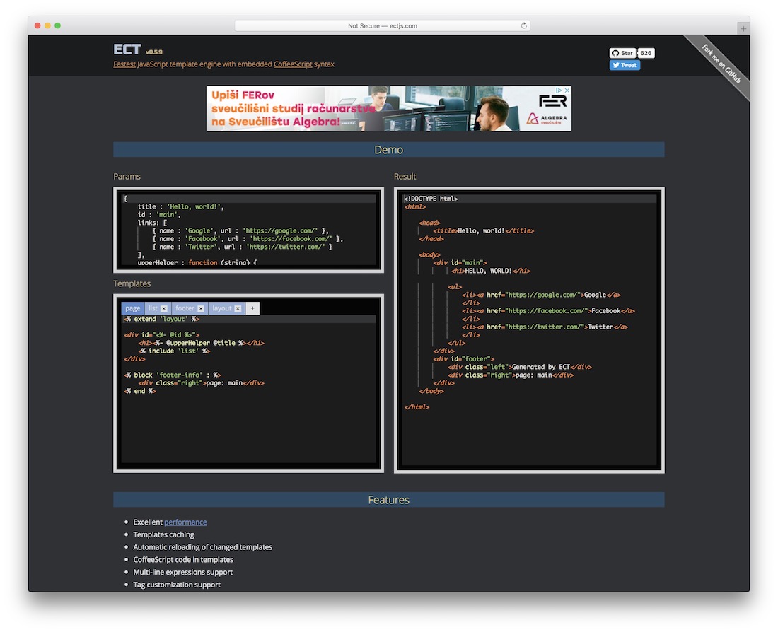 ect motore di template più veloce per javascript