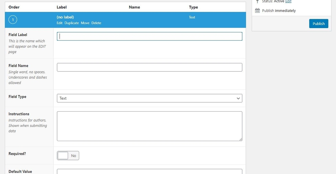 Pagina de setări Advanced Custom Fields