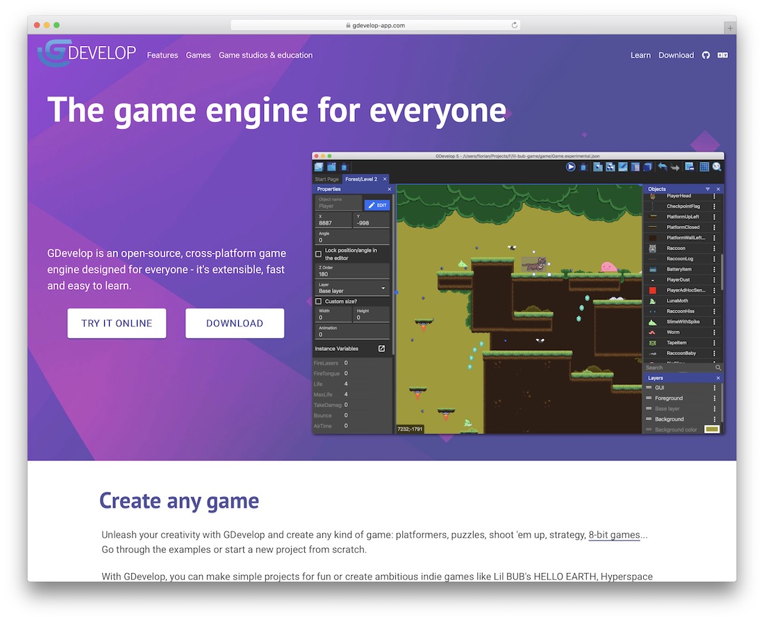 gdevelop محرك جافا سكريبت لبناء الألعاب