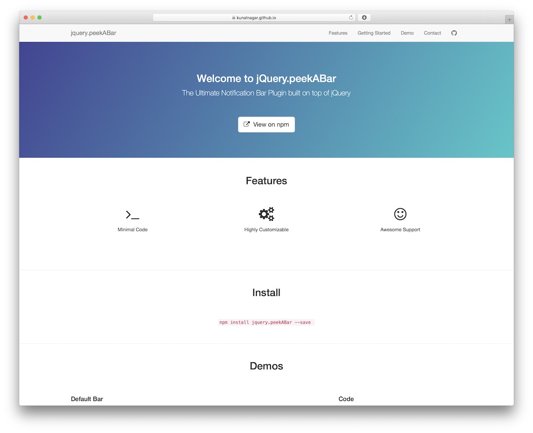 plugin di notifica peekabar jquery