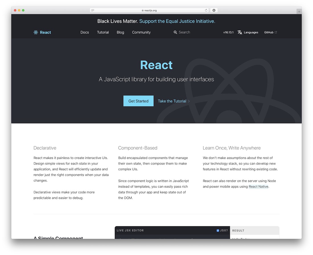 reagisci al framework javascript