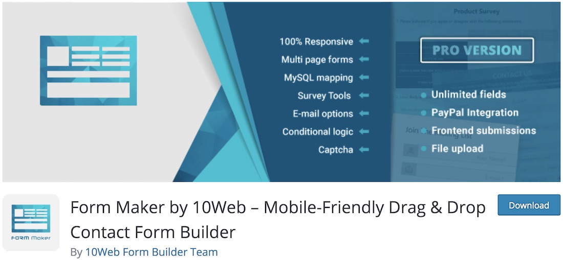 créateur de formulaires par 10web plugin de formulaire de contact gratuit