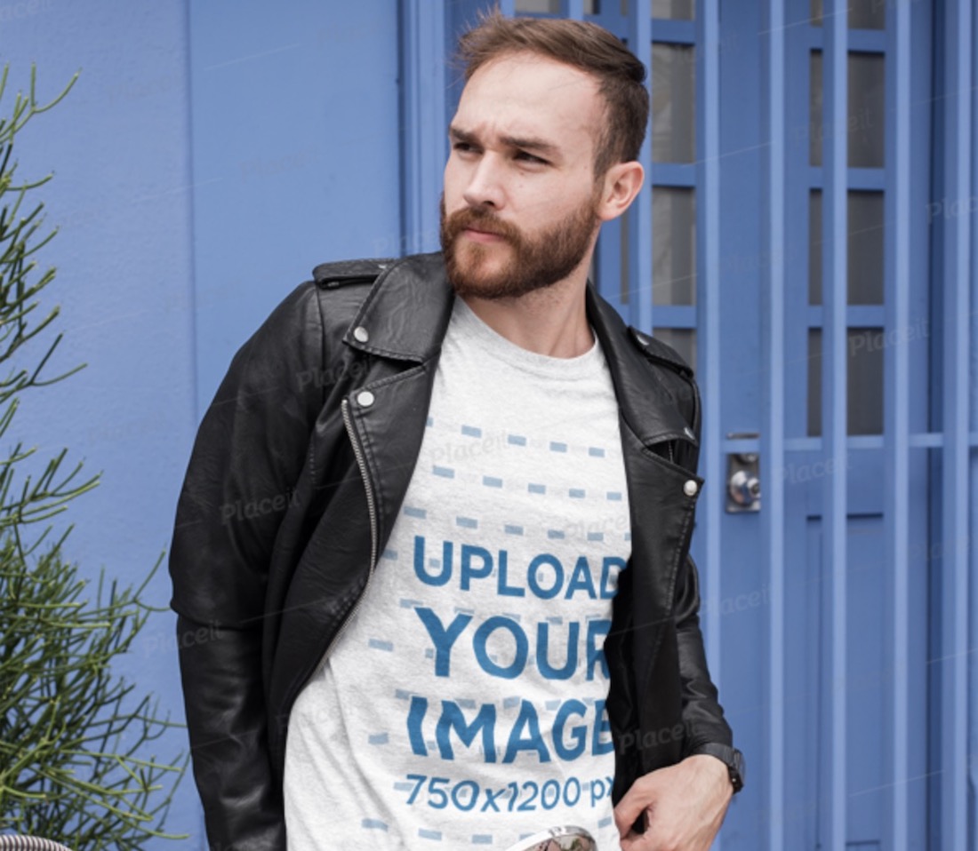T-Shirt-Modell eines bärtigen Mannes mit Lederjacke