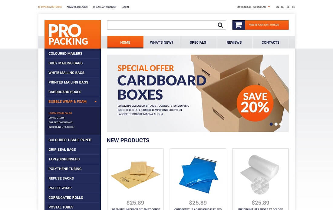 oscommerce-vorlage für verpackungsmaterial shop