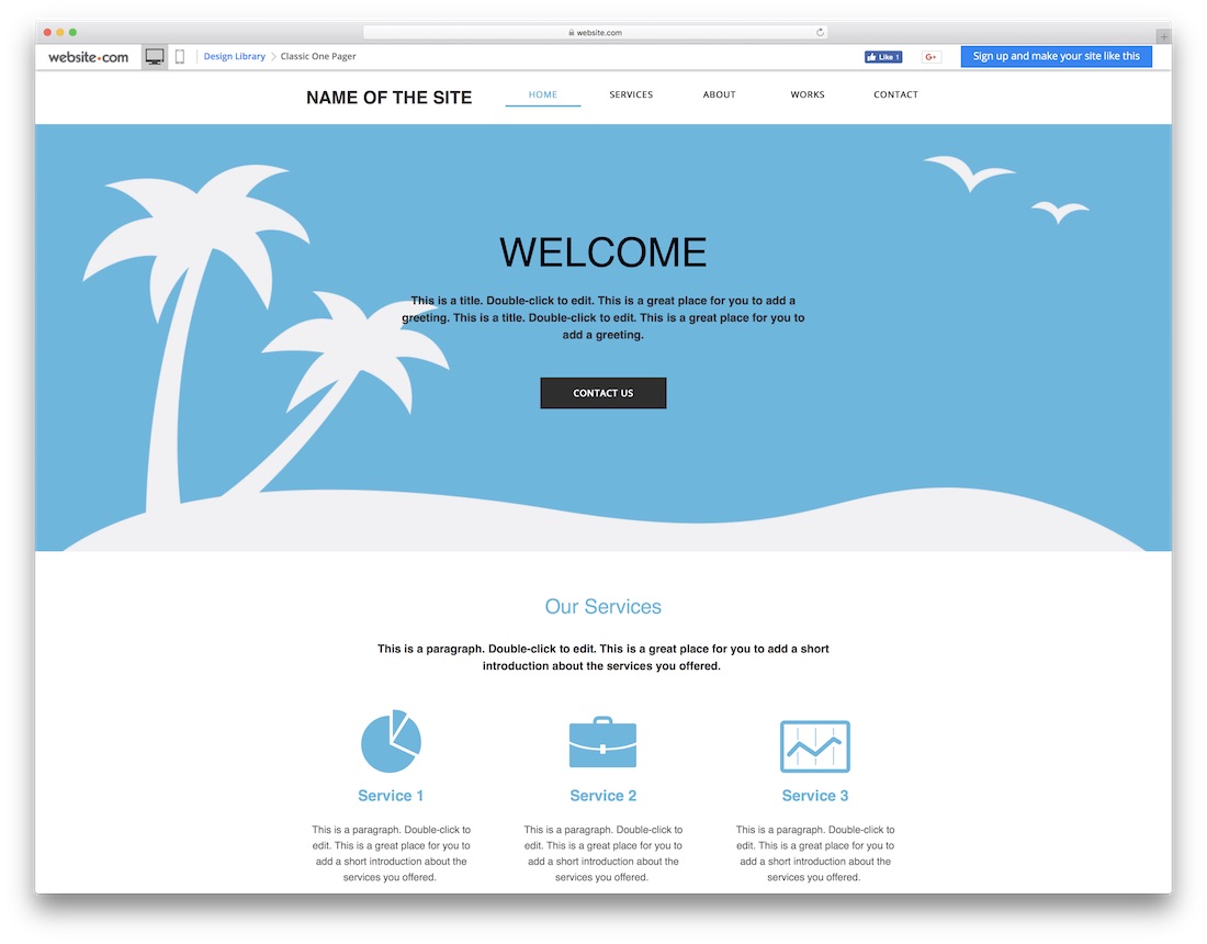 modelo de site em branco clássico de uma página