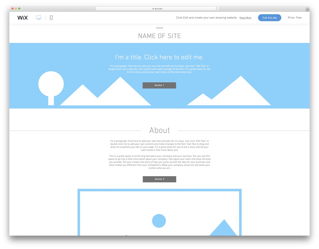 modelo de site em branco de layout de uma página