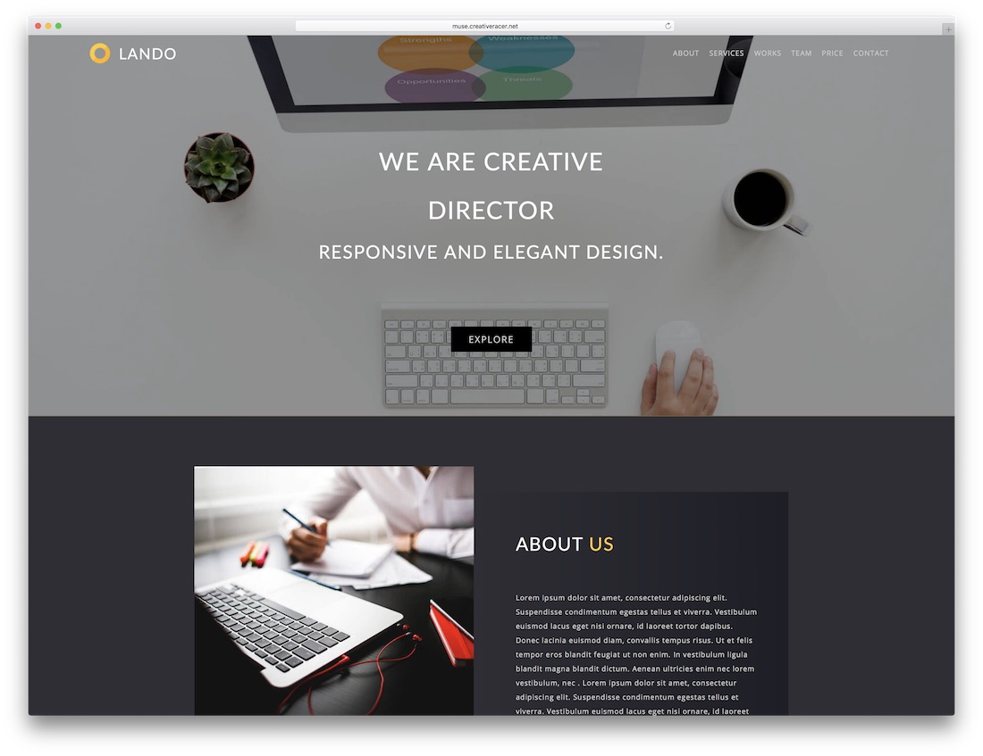 modèle de page de destination lando adobe muse