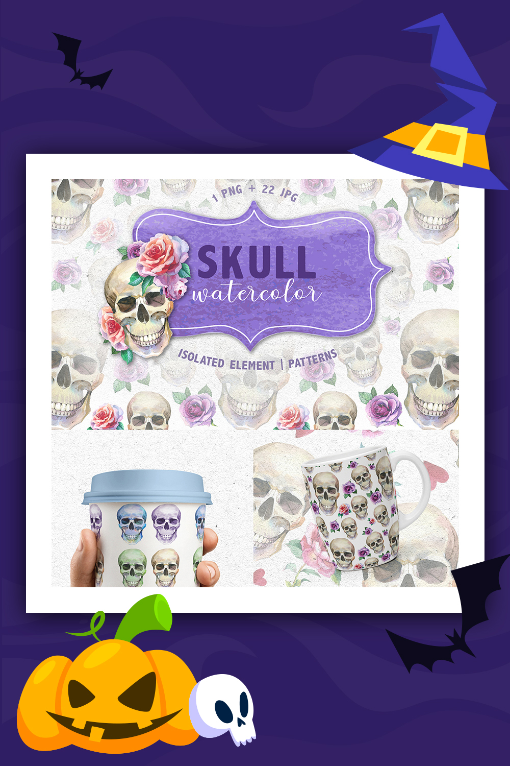 Cool Skull Print PNG Aquarela Creative Set Ilustração