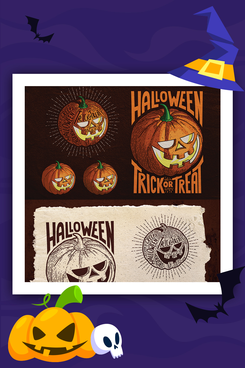 Ilustração de estilo de gravura de abóbora de Halloween