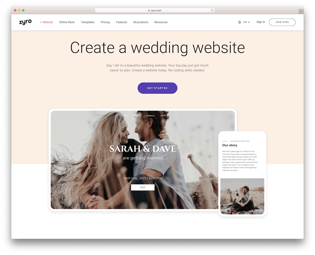 constructeur de site Web de mariage zyro