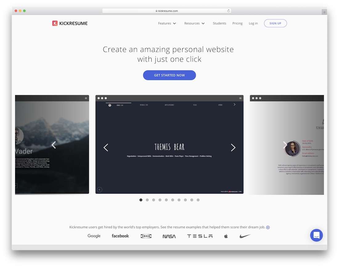 constructeur de site Web personnel kickresume