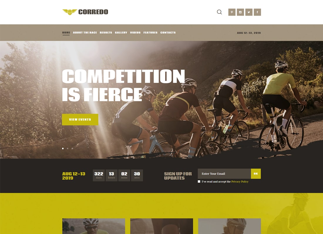 Corredo | Motyw WordPress na temat wyścigów rowerowych i wydarzeń sportowych