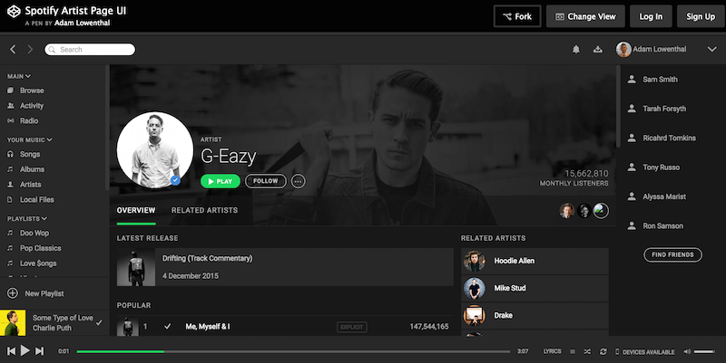Interface utilisateur de la page d'artiste Spotify