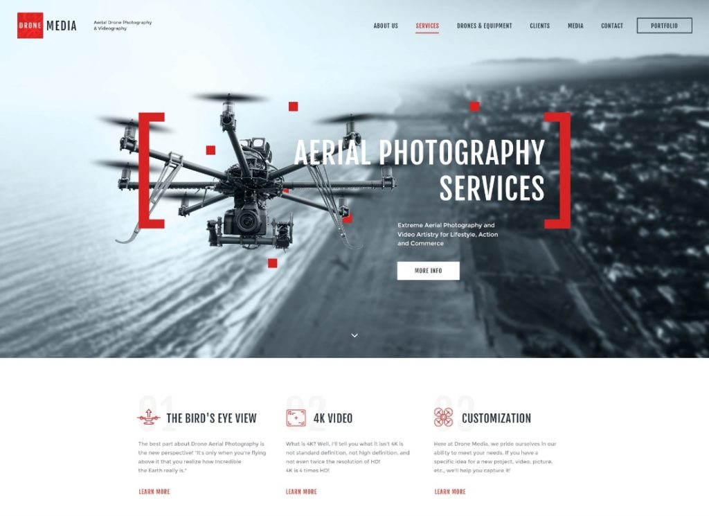 无人机媒体 |航空摄影和摄像 WordPress 主题 + Elementor
