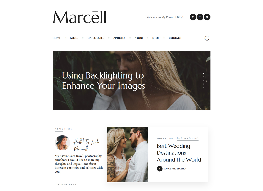 Marcell | 20+ layout tema WordPress personale per blog e riviste multi-concetto