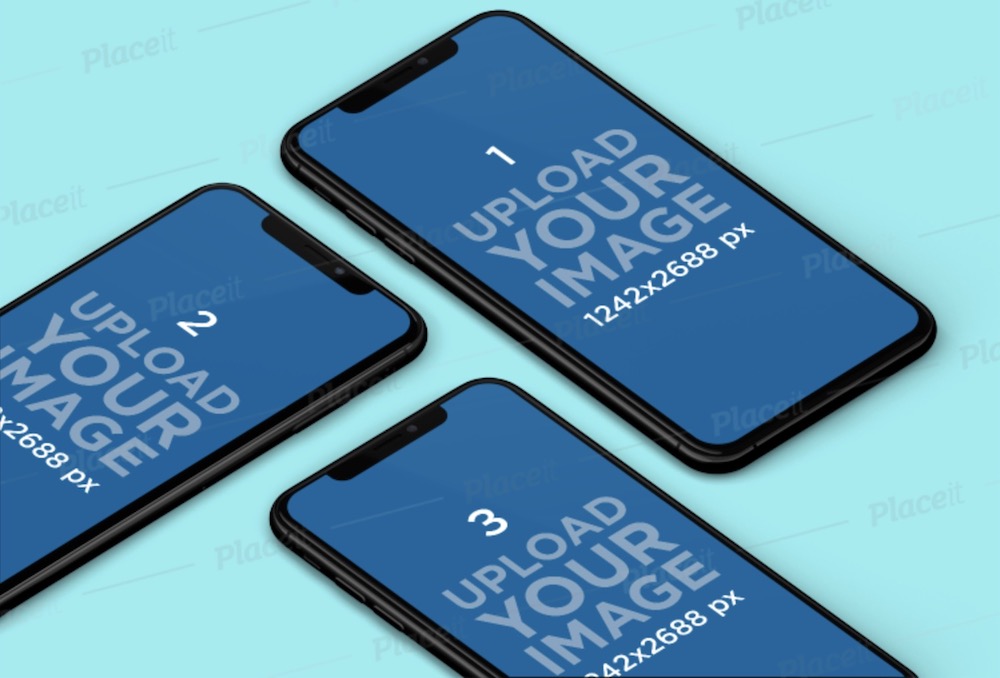 machetă a trei iphone xs max așezate pe un fundal personalizabil