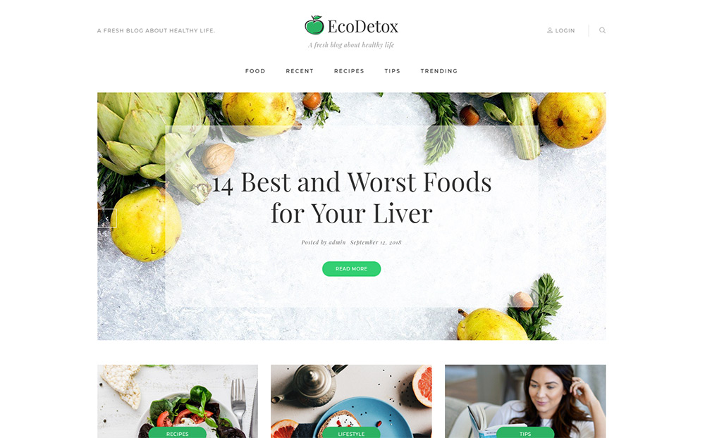 EcoDex - Site de bloguri cu produse alimentare proaspete pentru tema WordPress cu stil de viață sănătos