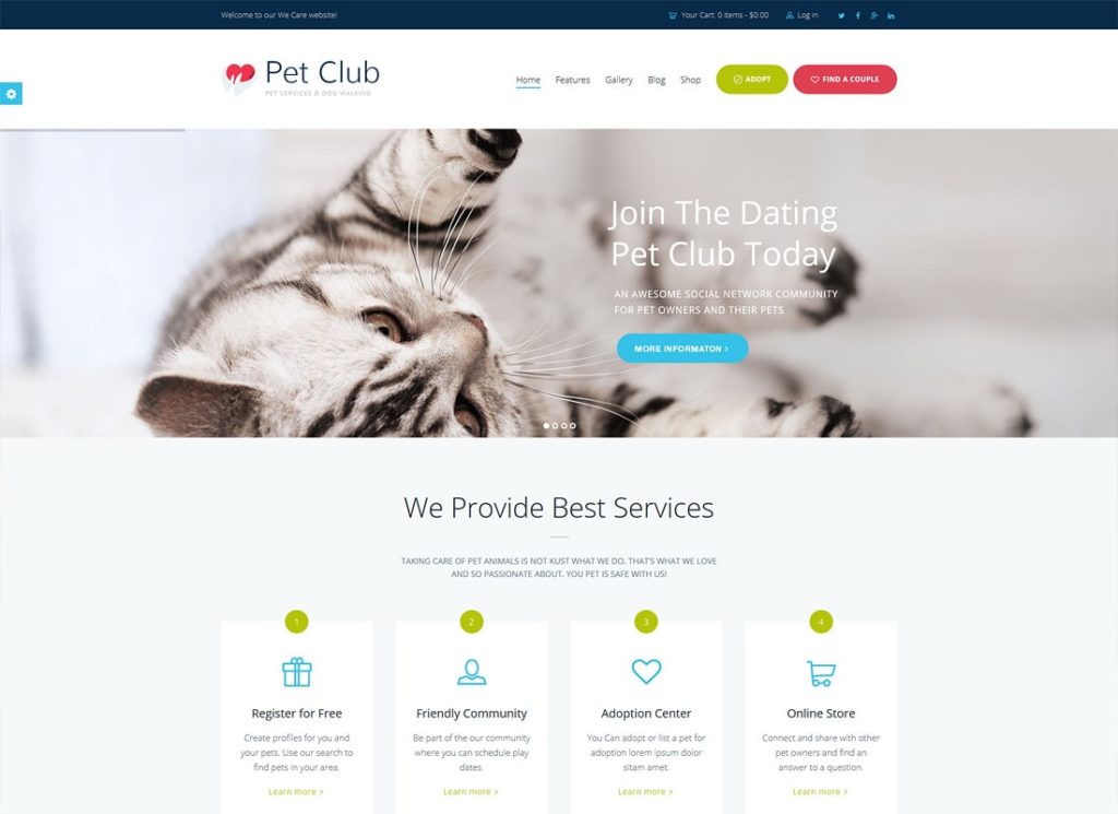 Pet Club | Servicii, Adopție, Întâlniri și Comunitate Tema WordPress